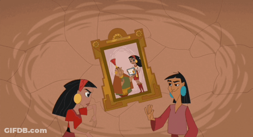 Three Cartoon Characters Are Standing In Front Of A Framed Picture That Says Emperor GIF