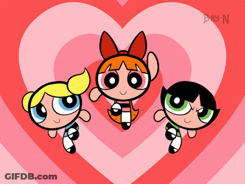 Three Cartoon Characters Are Standing In Front Of A Pink Heart GIF