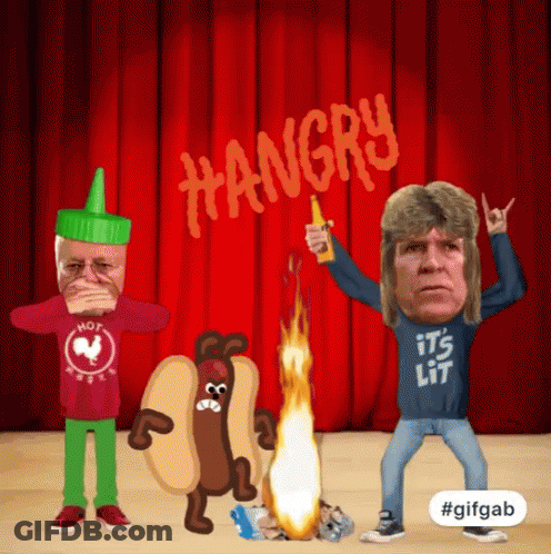 Three Cartoon Characters Are Standing In Front Of A Red Curtain And The Word Hangry Is Written On It GIF