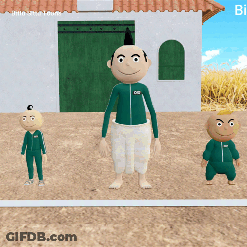 Three Cartoon Characters Are Standing In Front Of A White House And One Has The Number 031 On His Jacket GIF