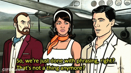 Three Cartoon Characters Are Standing In Front Of An Airplane And One Of Them Is Saying " So We 'Re Just Done With Phras GIF