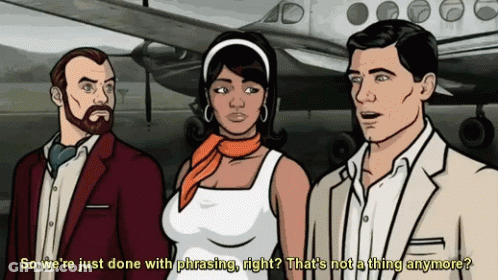 Three Cartoon Characters Are Standing In Front Of An Airplane And One Of Them Says So We 'Re Just Done With Phrasing GIF