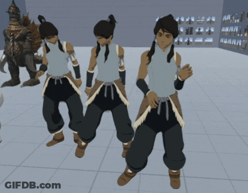 Three Cartoon Characters Are Standing Next To Each Other GIF