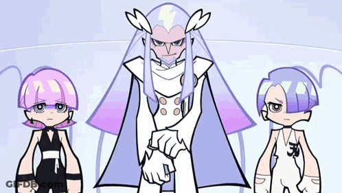 Three Cartoon Characters Are Standing Next To Each Other And One Has A Purple Haircut GIF