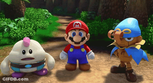 Three Cartoon Characters Are Standing Next To Each Other And One Of Them Has The Letter M On His Hat GIF
