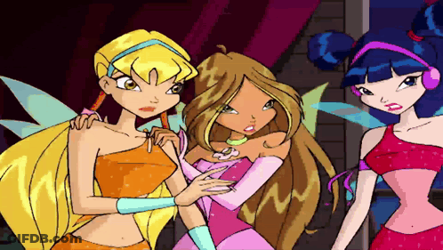 Three Cartoon Characters Are Standing Next To Each Other And One Of Them Is Wearing A Pink Dress GIF