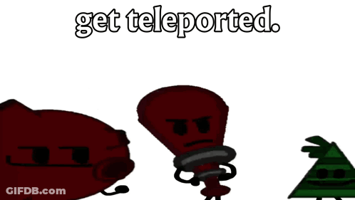 Three Cartoon Characters Are Standing Next To Each Other And The Words Get Teleported Are Above Them GIF