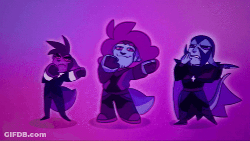 Three Cartoon Characters Are Standing Next To Each Other In A Purple Background GIF