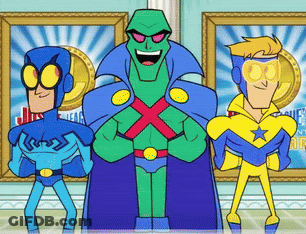 Three Cartoon Characters Are Standing Next To Each Other In Front Of Framed Pictures GIF