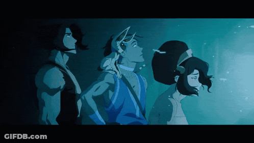 Three Cartoon Characters Are Standing Next To Each Other In The Dark GIF