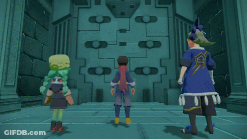 Three Cartoon Characters Standing On Blue Floor GIF