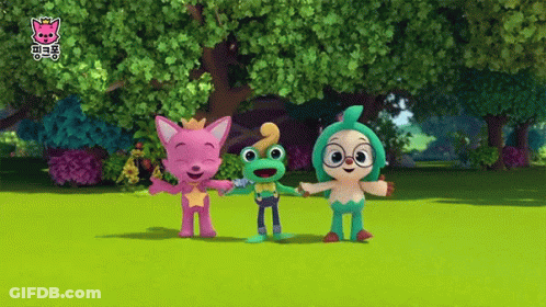 Three Cartoon Characters Are Standing Next To Each Other On A Grassy Field With Trees In The Background GIF