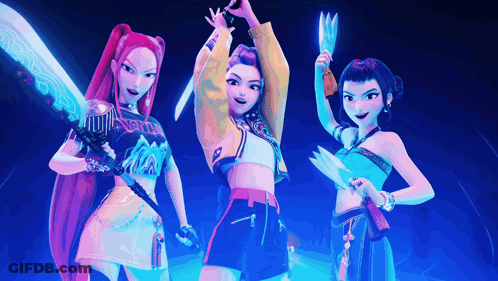 Three Cartoon Characters Are Standing Next To Each Other With One Holding A Sword And Another Holding A Knife GIF