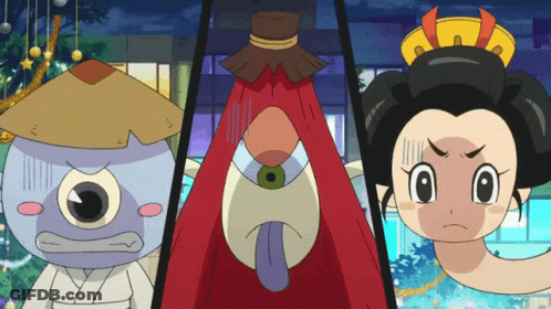 Three Cartoon Characters Are Standing Next To Each Other With One Wearing A Red Hat GIF