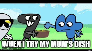 Three Cartoon Characters Are Standing Next To Each Other With The Caption " When I Try My Mom 'S Dish " On The Bottom GIF