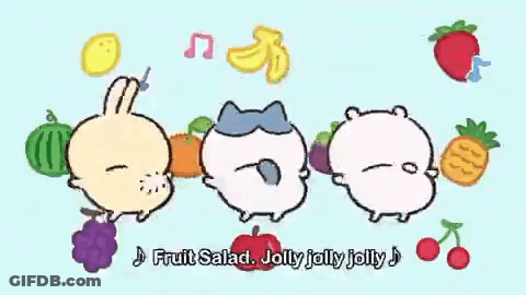 Three Cartoon Characters Are Standing Next To Each Other With The Words " Fruit Salad Jolly Jolly Jolly " Written Below GIF