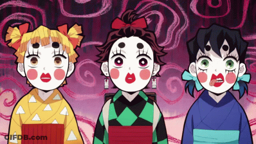 Three Cartoon Characters Are Standing Next To Each Other With Their Faces Painted In Different Colors GIF