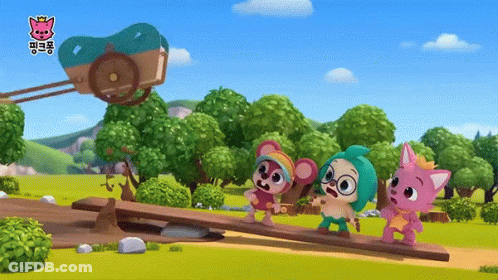 Three Cartoon Characters Are Walking Across A Wooden Bridge In A Field With Trees And A Pink Cat In The Background GIF