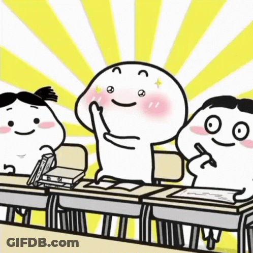 Three Cartoon Characters At Desks In Yellow Classroom GIF