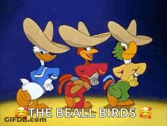 Three Cartoon Characters , Donald Duck , Woody Woodpecker And A Rooster , Are Dancing Together . GIF