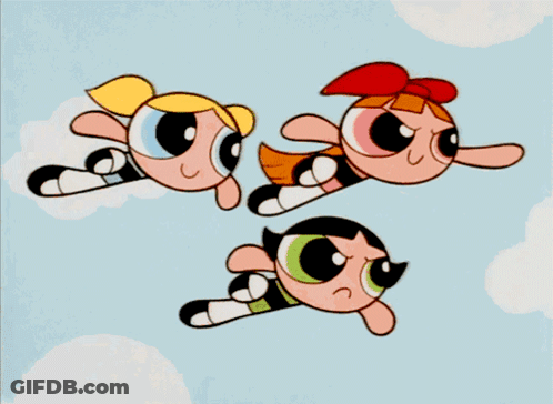 Three Cartoon Characters Flying In Sky GIF