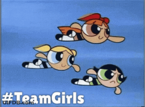 Three Cartoon Characters Flying With Team Girls GIF