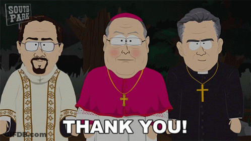 Three Cartoon Characters From South Park Are Standing Next To Each Other And One Of Them Is Holding A Thank You Sign GIF