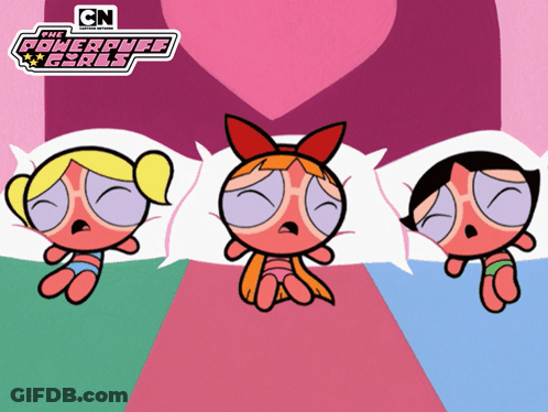Three Cartoon Characters From The Powerpuff Girls Are Sleeping In Bed GIF