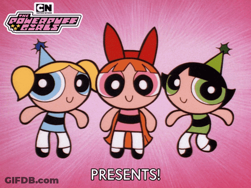 Three Cartoon Characters From The Powerpuff Girls Are Standing Next To Each Other GIF