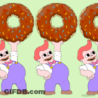 Three Cartoon Characters Holding Donuts In Their Hands GIF