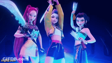 Three Cartoon Characters Holding Knives On Stage GIF