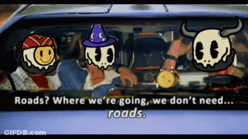 Three Cartoon Characters In Car Saying Roads Where We're Going We Don't Need Roads GIF