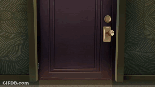 Three Cartoon Characters In Doorway With Scissors Shirt GIF