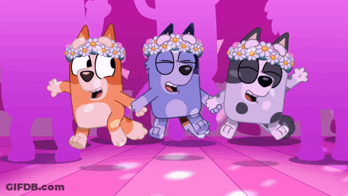 Three Cartoon Characters In Flower Crowns Dancing GIF
