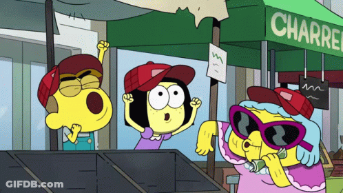 Three Cartoon Characters In Front Of Charrer Sign GIF