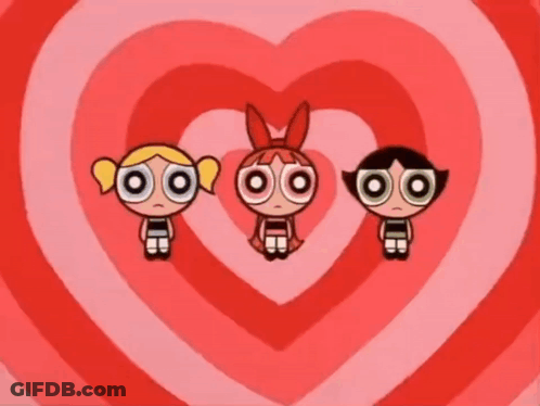 Three Cartoon Characters In Front Of Heart GIF
