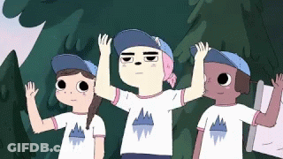 Three Cartoon Characters In White Shirts With Mountains Waving GIF