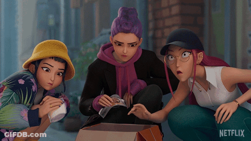 Three Cartoon Characters Looking At A Box With Netflix Written On The Bottom Right GIF