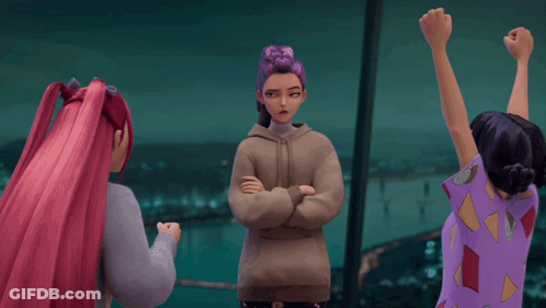 Three Cartoon Characters Making Funny Faces Arms Up GIF