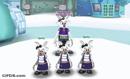 Three Cartoon Characters Named Sparky Are Standing Next To Each Other In Front Of A Building GIF