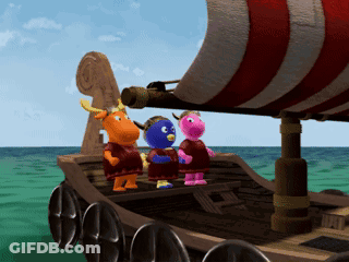 Three Cartoon Characters On A Viking Boat GIF