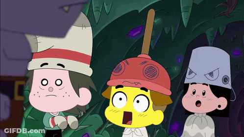 Three Cartoon Characters One In Red Hat GIF