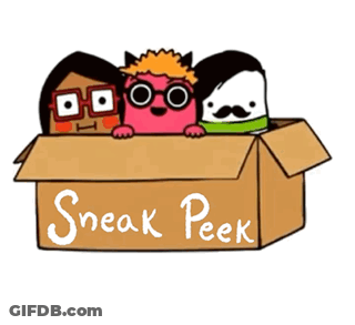 Three Cartoon Characters Peeking From Box With Sneak Peek GIF