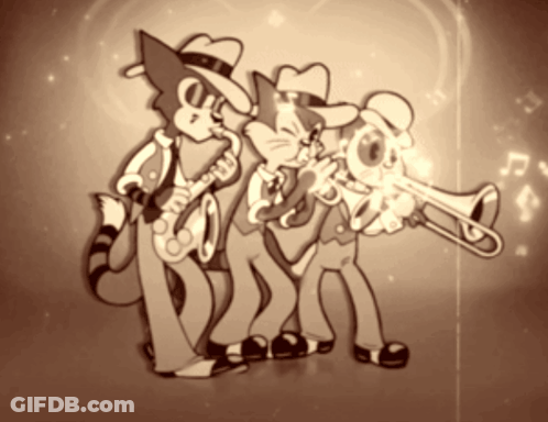 Three Cartoon Characters Playing Instruments Including A Trumpet GIF