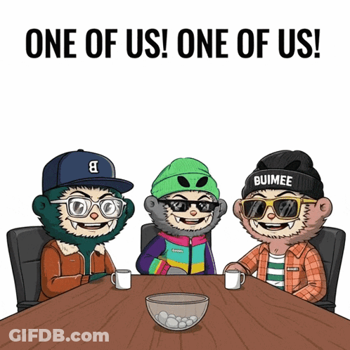 Three Cartoon Characters Saying One Of Us GIF