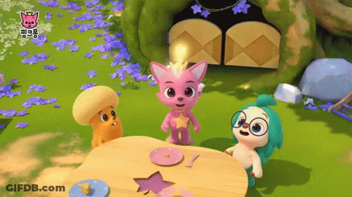 Three Cartoon Characters Sitting At A Table With A Pink Fox Wearing A Crown GIF