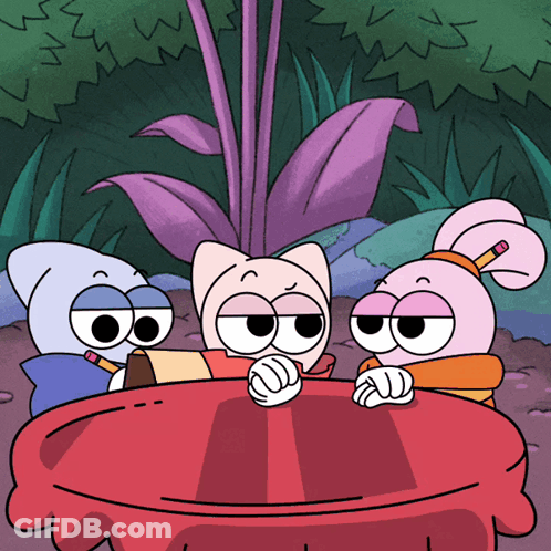 Three Cartoon Characters Sitting At Red Table With Plant GIF