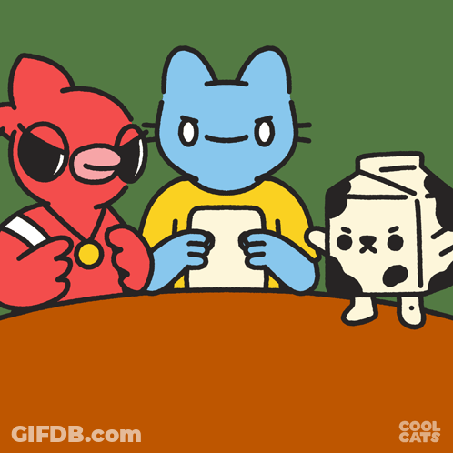 Three Cartoon Characters Sitting At Table GIF
