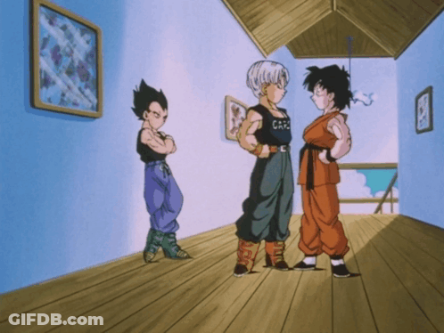 Three Cartoon Characters Standing In A Room And One Has A Shirt That Says Care GIF