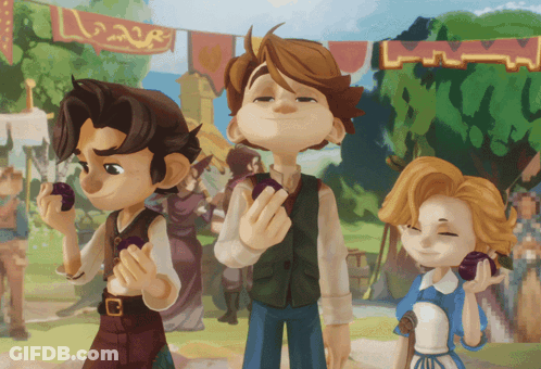 Three Cartoon Characters Standing In Front Of Love Banner GIF